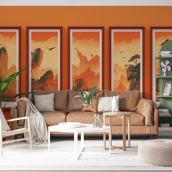 Имитация на тапет | Планински пейзаж с оранжеви нюанси и силуети на птици