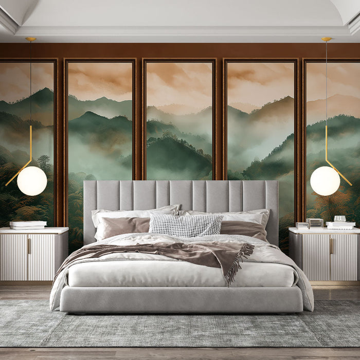 Carta da parati imitazione pittura | Paesaggio montuoso nebbioso in tonalità verdi e arancioni