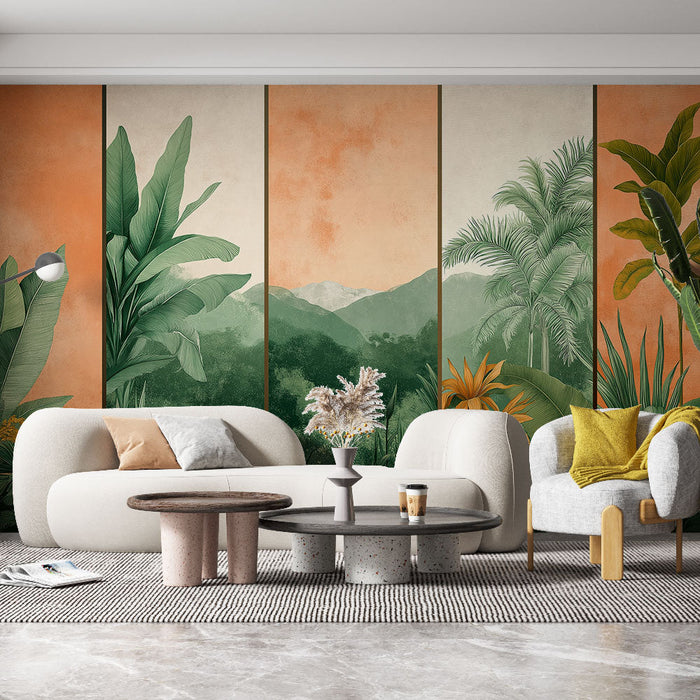 Fototapet imitasjon maleri | Tropisk landskap med frodig løvverk og fjell i bakgrunnen
