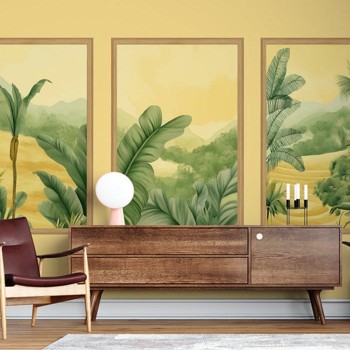 Fototapet imitasjon maling | Tropisk landskap med palmetre og fjellmønstre