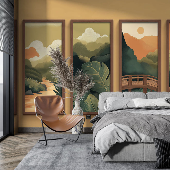 Fototapet efterligning af maleri | Tropisk landskab med bro og frodigt løværk