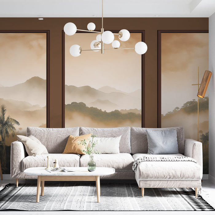 Carta da parati imitazione pittura | Paesaggio tropicale nebbioso in tre parti