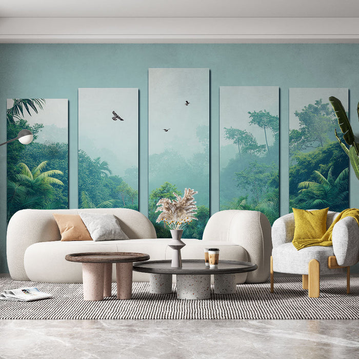 Fototapet imitation painting | Tåget tropisk landskab med fugle i flugt