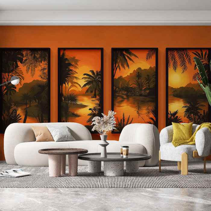 Tapete Nachahmung Malerei | Sonnige Landschaften und üppige Pflanzensilhouetten