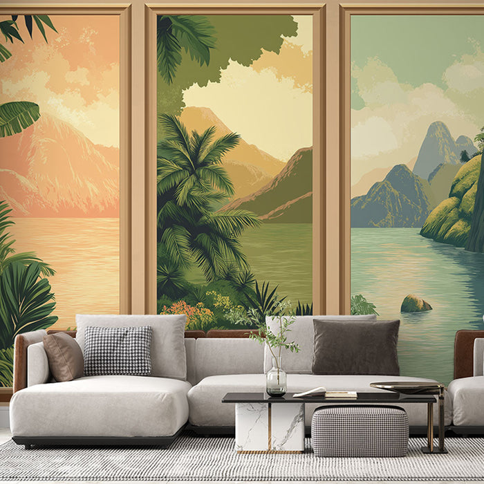 Tapete μεταφρασμένη ζωγραφική | Tροπικά τοπία σε τέσσερα πάνελ