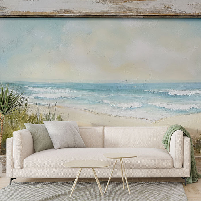 Carta da parati imitazione pittura | Spiaggia serena con onde ed erba marina