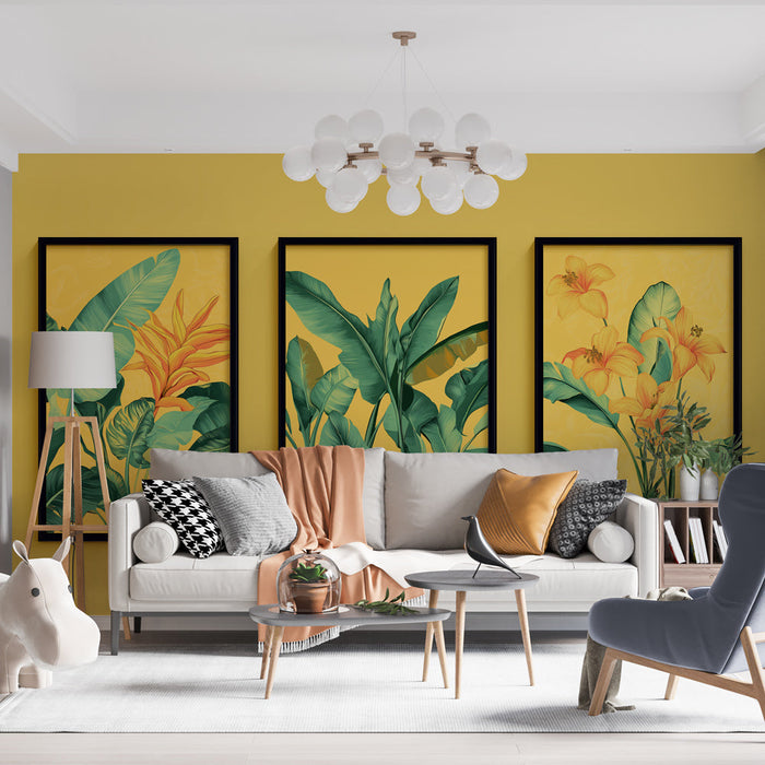 Mural Wallpaper imitation painting | Lush plants on yellow background