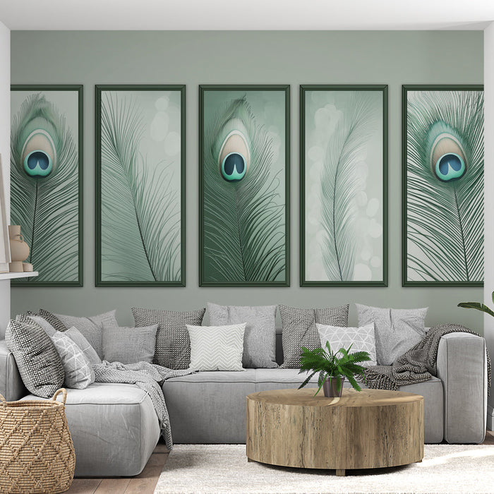 Papel pintado imitación de tabla | Plumas de pavo real delicadas y elegantes