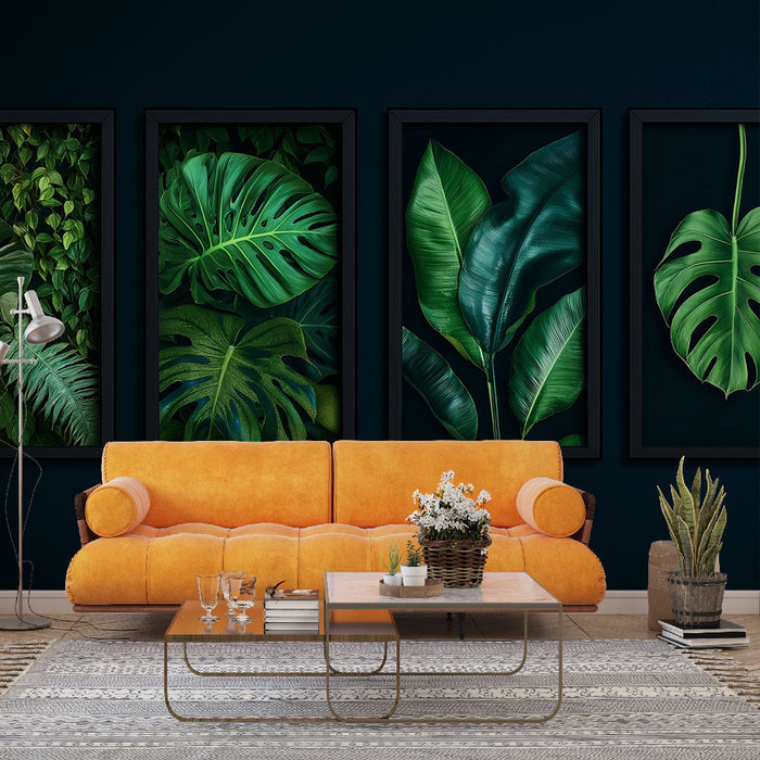 Imitacija slikanja tapeta | Štiri okvirji nežnega listja na temnem ozadju