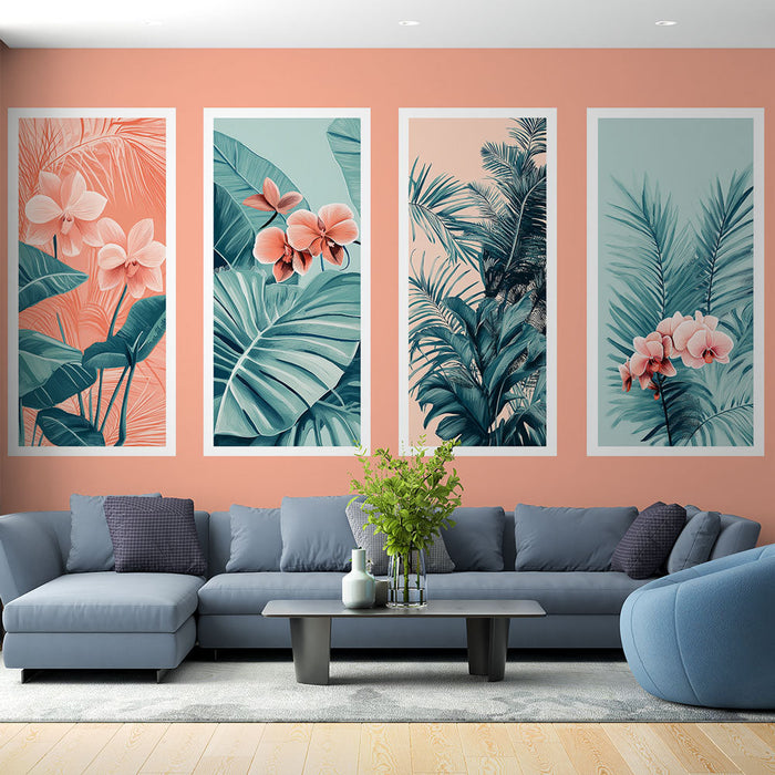 Fototapet imitasjon av maleri | Fire frodige blomsterpaneler med orkideer og tropiske blader