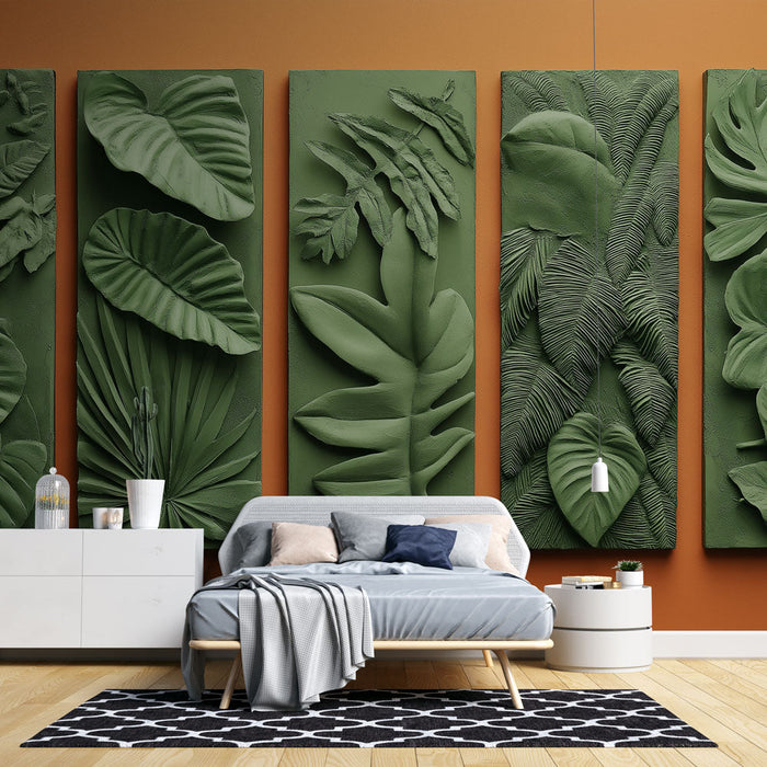 Tapete imitacija slikanja | Reljefi tropskog lišća u zelenoj boji