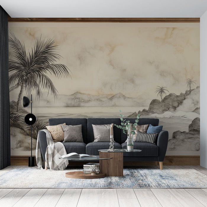 Имитация на тапет живопис | Успокояваща сцена с палми и вълни