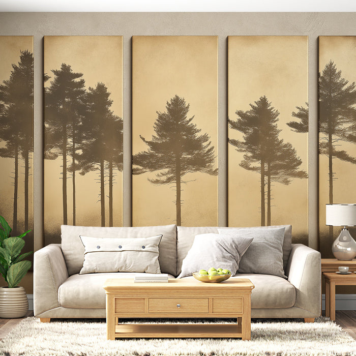 Tapeta z imitacijo murala | Silhuete dreves na zlatem ozadju