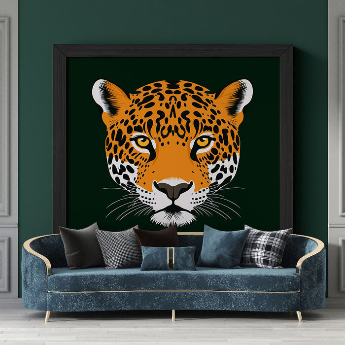 Papel de parede imitação de pintura | Cabeça de jaguar em fundo verde escuro