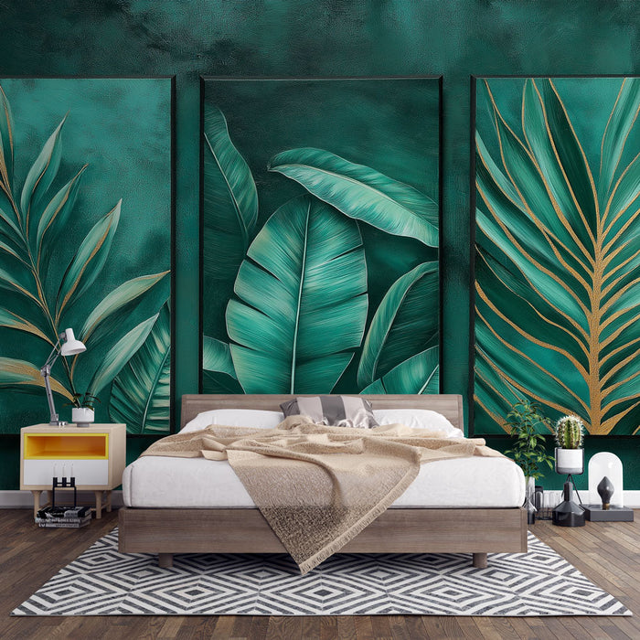 Papel pintado imitación de pintura mural | Trío de follaje modernista en tonos verdes
