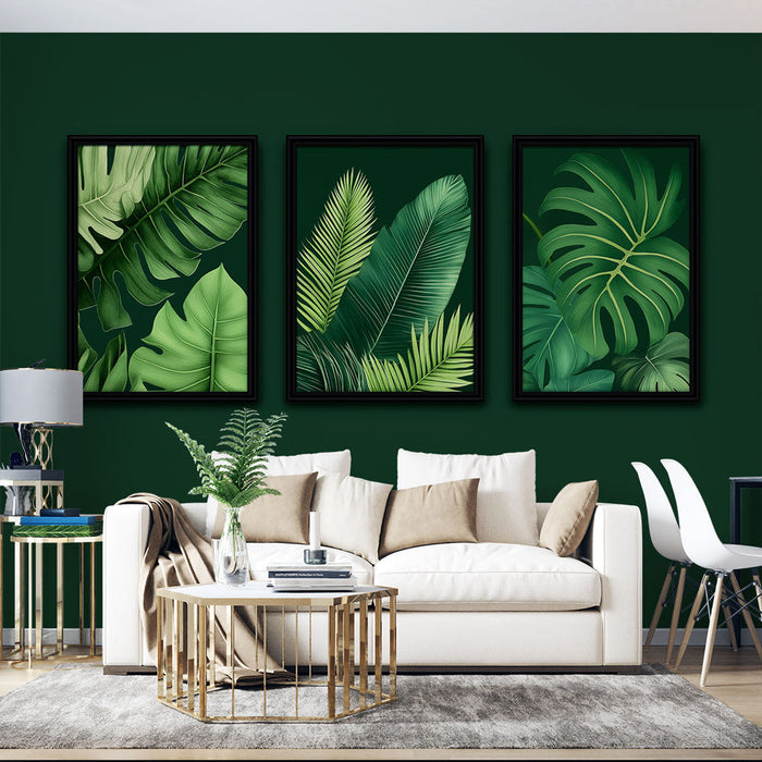 Carta da parati imitazione pittura | Trio di magnifiche foglie verdi su sfondo scuro