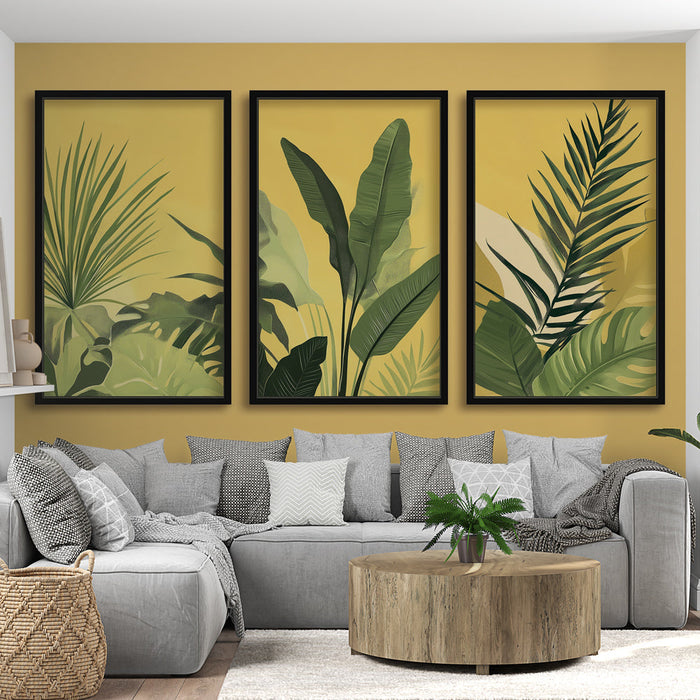 Fototapet imitation canvas | Tre ramar med frodig lövverk på en gul bakgrund