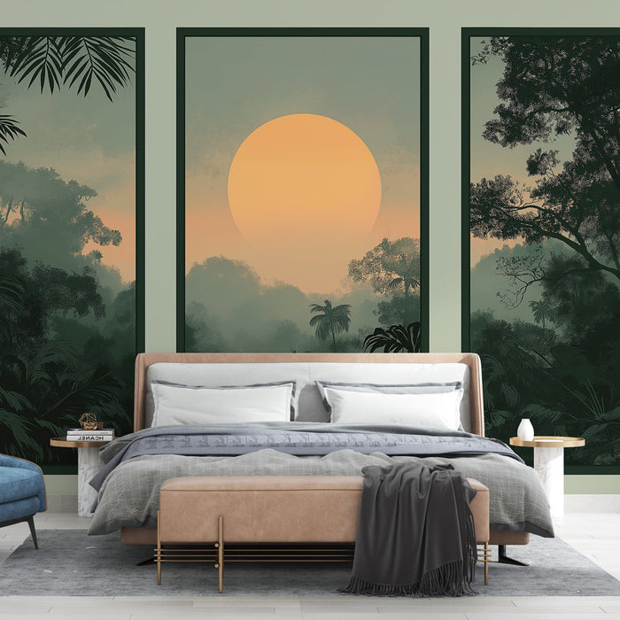 Имитация на тапет живопис | Три горски панела с голямо жълто слънце