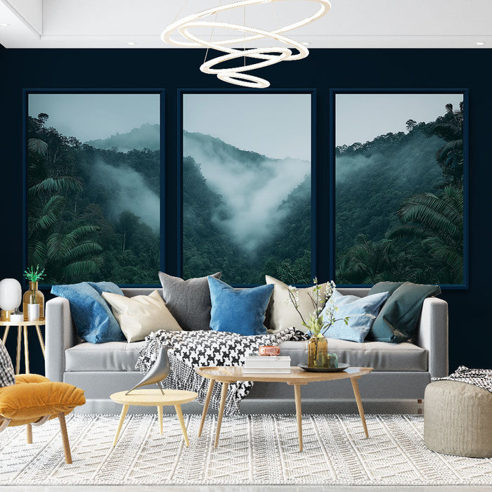 Imitacija slikanja tapeta | Tri panela koja prikazuju gustu šumu obavijenu maglom