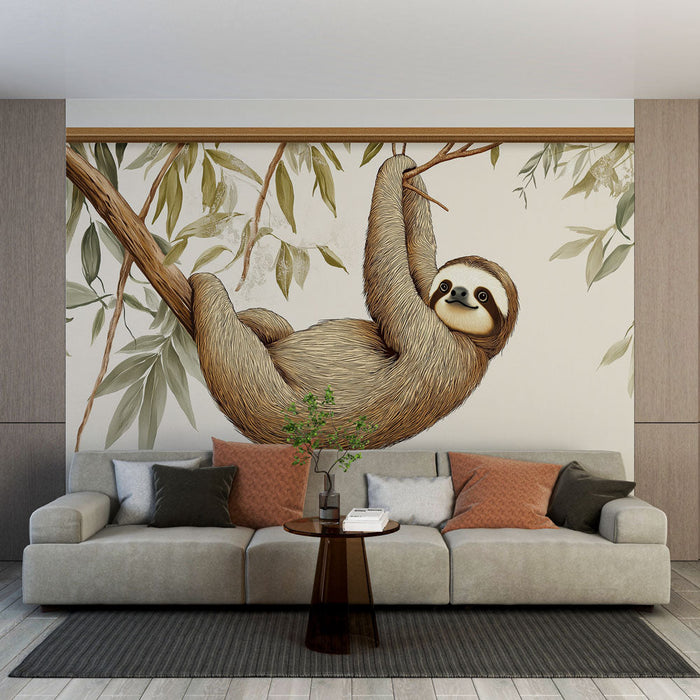 Tapeta imitacja malarstwa | Uroczy leniwiec wiszący wśród tropikalnych liści