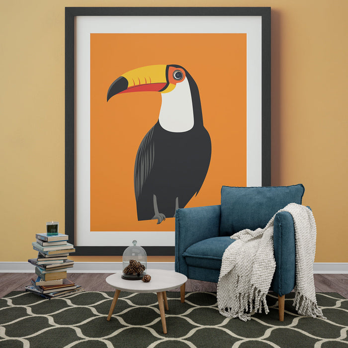 Papel pintado imitación pintura | Un elegante pájaro con colores brillantes sobre un fondo naranja