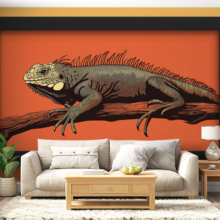 Falfestmény utánzat festmény | Egy fekete leguán élénk narancssárga háttérrel