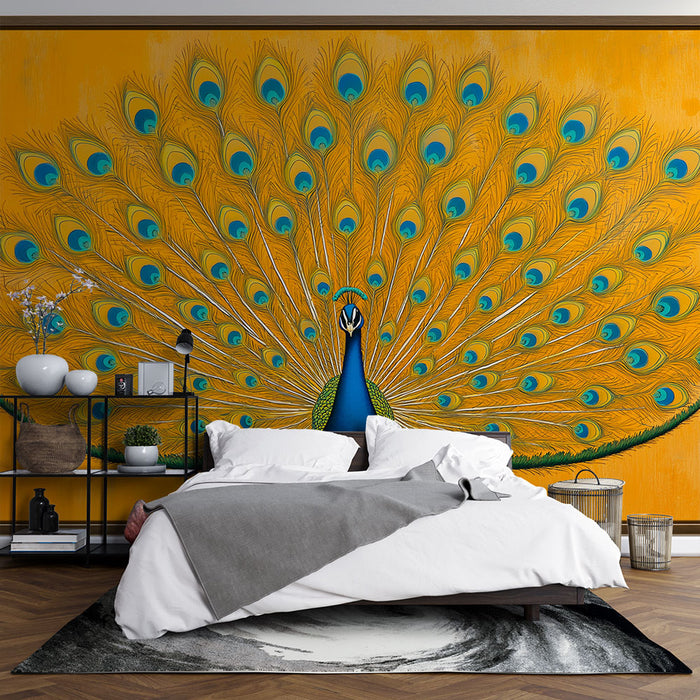 Muraaltapeet imitatsioonmaal | Majesteetlik paabulind, kes näitab oma värvikirevat sulestikku oranžil taustal