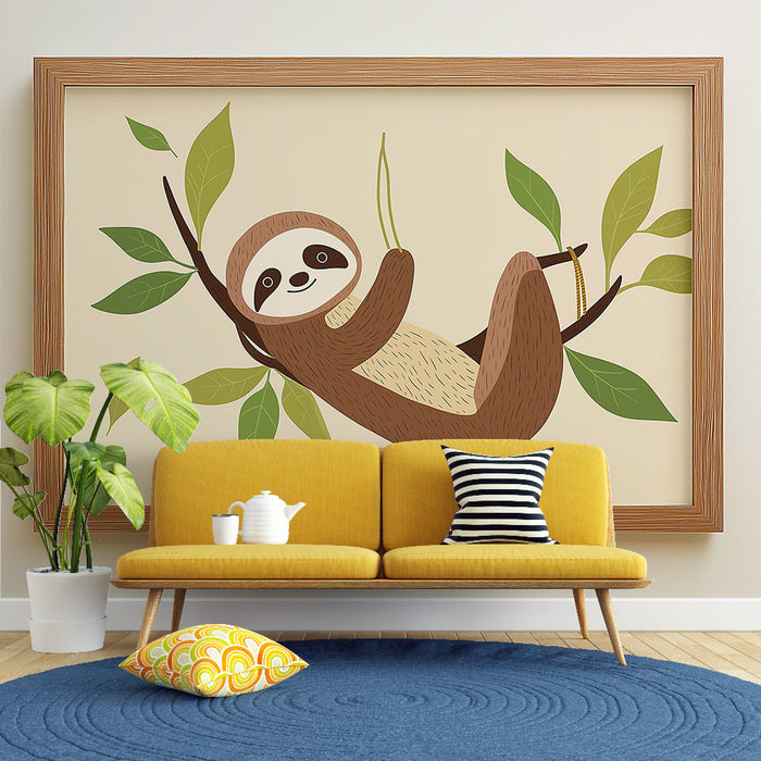 Carta da parati imitazione pittura | Un simpatico bradipo appeso a un ramo con foglie