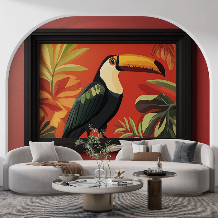 Fototapet imitation painting | En färgglad tukan bland livlig lövverk