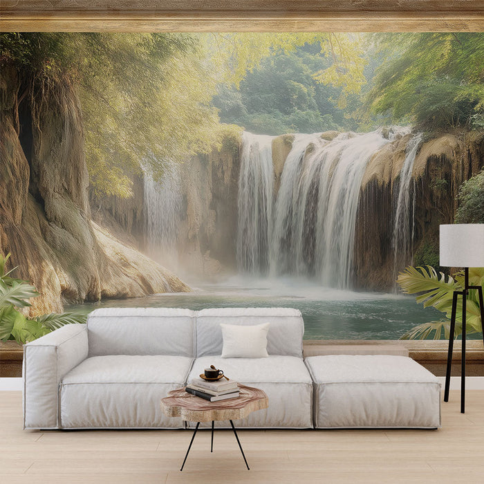 Imitacija slikanja tapeta | Pomirjujoč pogled na slap, obdan s tropskim zelenjem