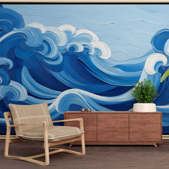 Poslikava stene imitacija slikanja | Umetniški valovi v odtenkih modre