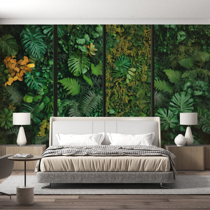 Papel de parede imitação de pintura de planta | Parede de folhagem primaveril rica em texturas e cores.