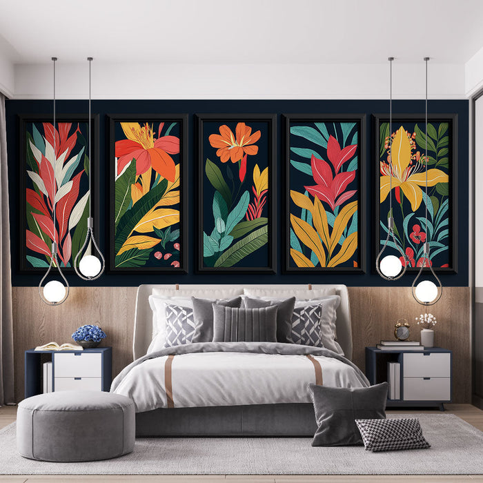 Fototapet imitation painting | Livlige blomster og løv på en mørk baggrund