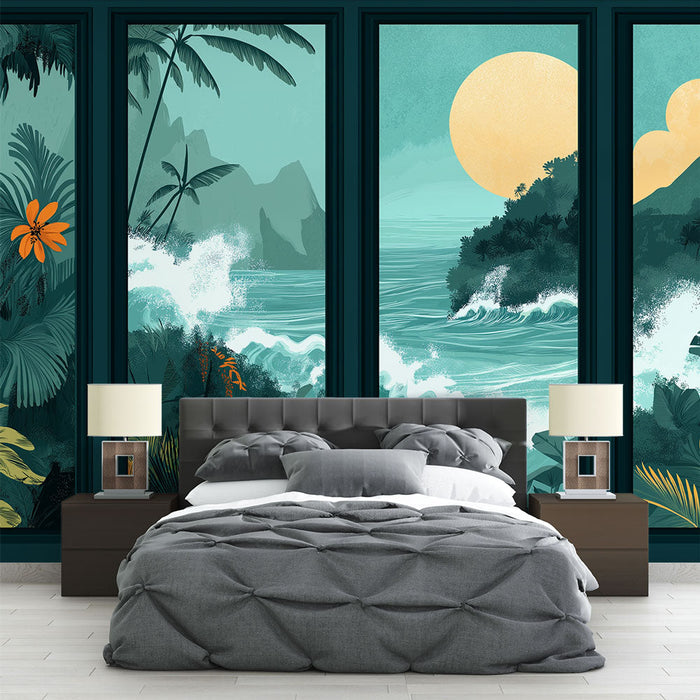 Ταπετσαρία τοιχογραφίας απομίμησης ζωγραφικής | Καταπραϋντικές θαλάσσιες και λουλουδένιες απόψεις