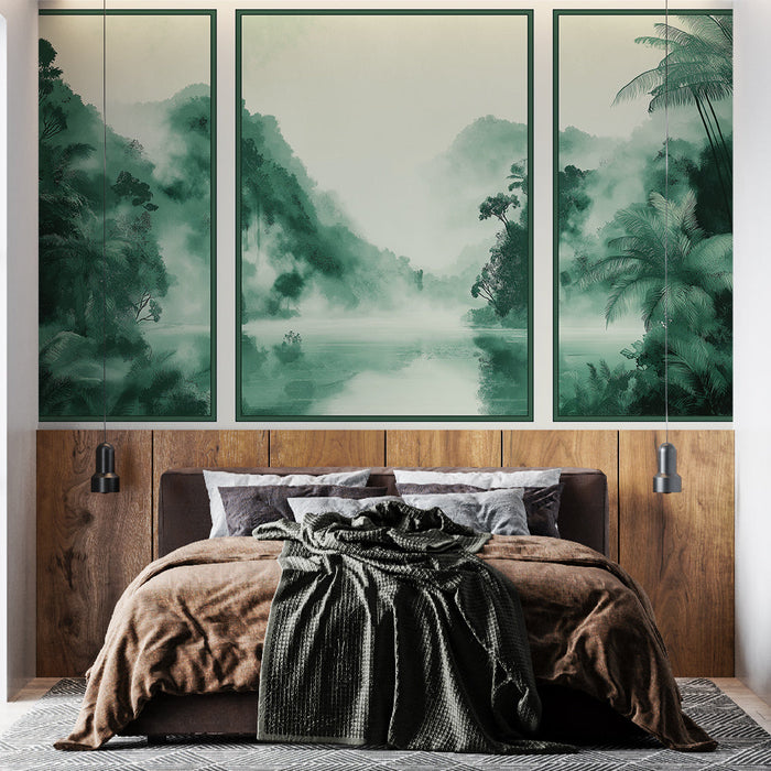 Papel pintado imitación pintura | Vistas verdes de un bosque brumoso en tonos de verde