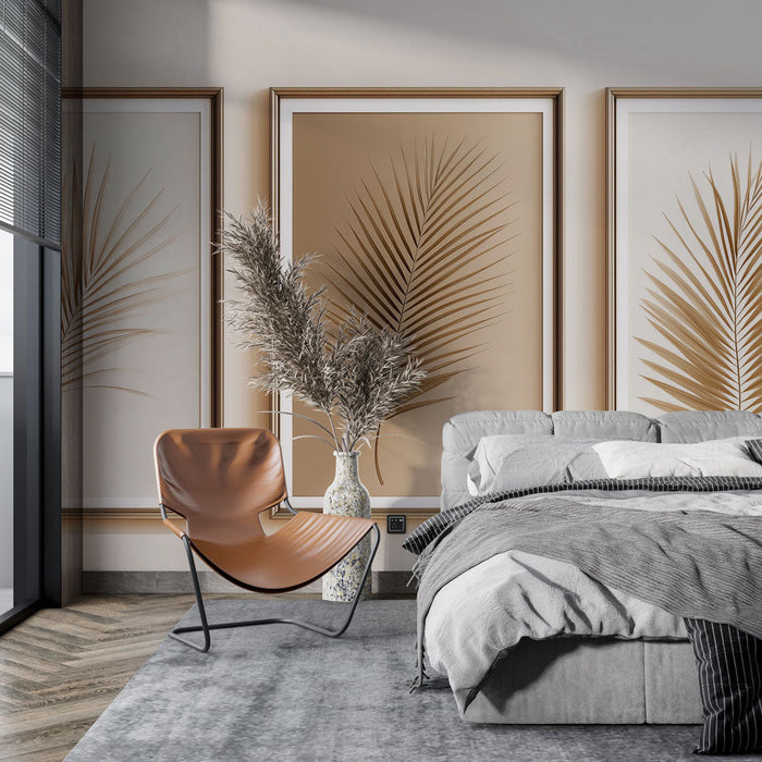 Fototapet imitasjoner av løvverk | Trio av gylne blader på en nøytral bakgrunn