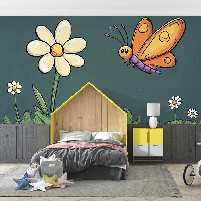 Nástěnná tapeta hmyz a květiny | Hravé vzory motýlů a sedmikrásek