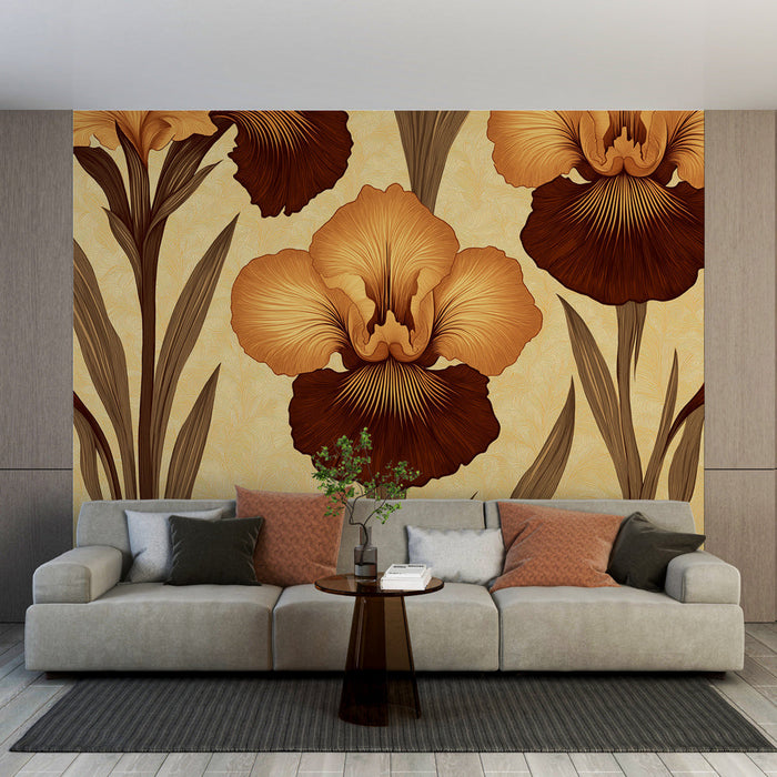 Ταπετσαρία τοιχογραφίας iris | Ίρις με χρυσές αποχρώσεις σε κρεμ φόντο