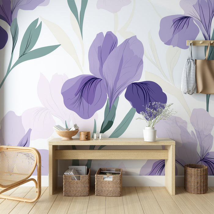 Tapeta z motywem irysów | Delikatny wzór kwiatowy z fioletowymi irysami w akwareli