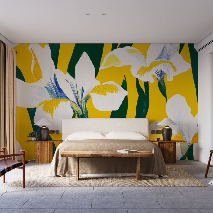 Carta da parati iris | Motivo floreale luminoso su sfondo giallo
