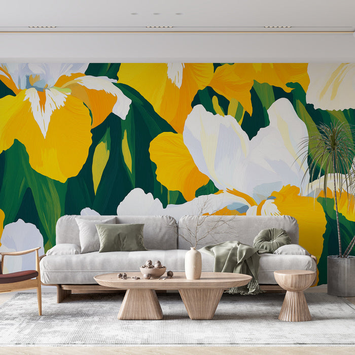 Tapeta s motivem iris | Živý květinový vzor s žlutými a bílými irisy