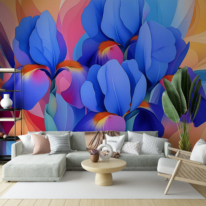 Tapet iris | Un buchet de iriși vibranți în nuanțe de albastru și portocaliu