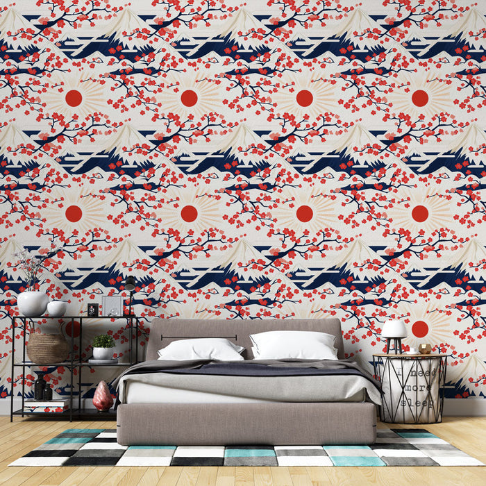 Japanska Mural Wallpaper | Cvjetni uzorci i planine s trešnjama