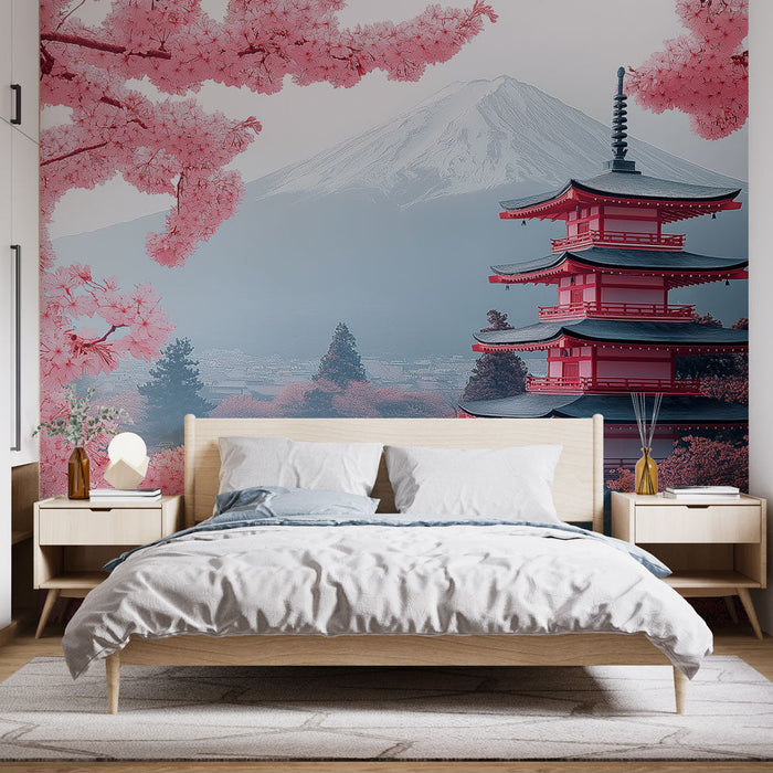 Японска стенописна тапет | Традиционна пагода, заобиколена от черешови цветове