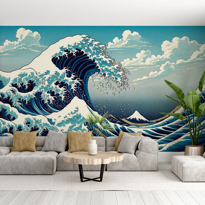Papel de parede com mural de ondas japonesas | Design animado