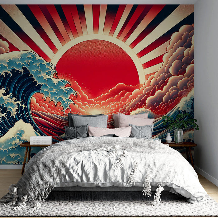 Japanese Wave Mural Wallpaper | With Animated Red Sun