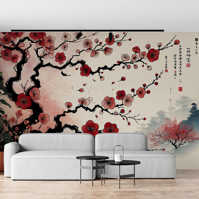 Kirsikkapuun kukka seinätapetti | Punainen japanilaisilla kirjoituksilla