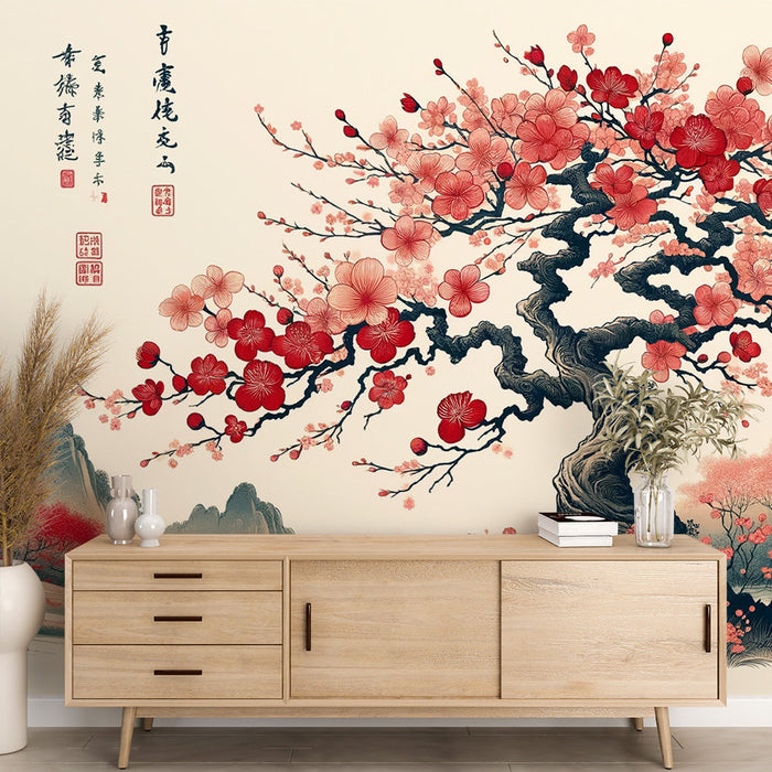 Papel pintado de mural de flor de cerezo japonés | Con diseño montañoso