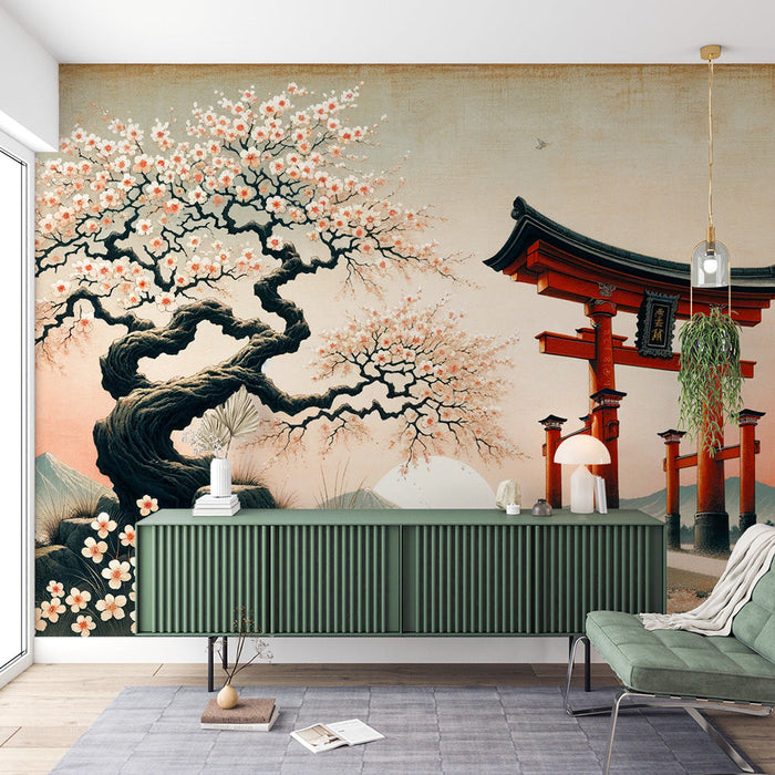 Kirschblüten-Murale-Tapete | Weiße Blumen mit japanischem Bogen