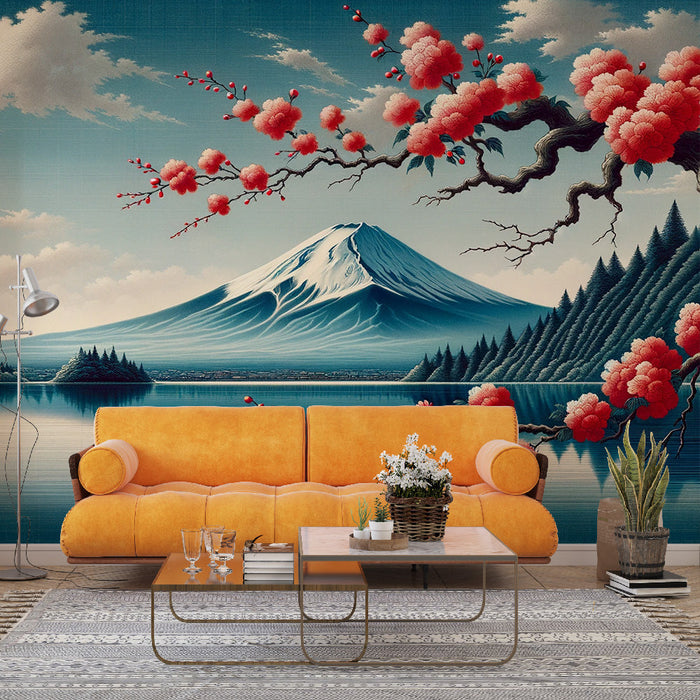 Papel de parede Mural Japonês | Monte Fuji e Flor de Cerejeira Vermelha Japonesa